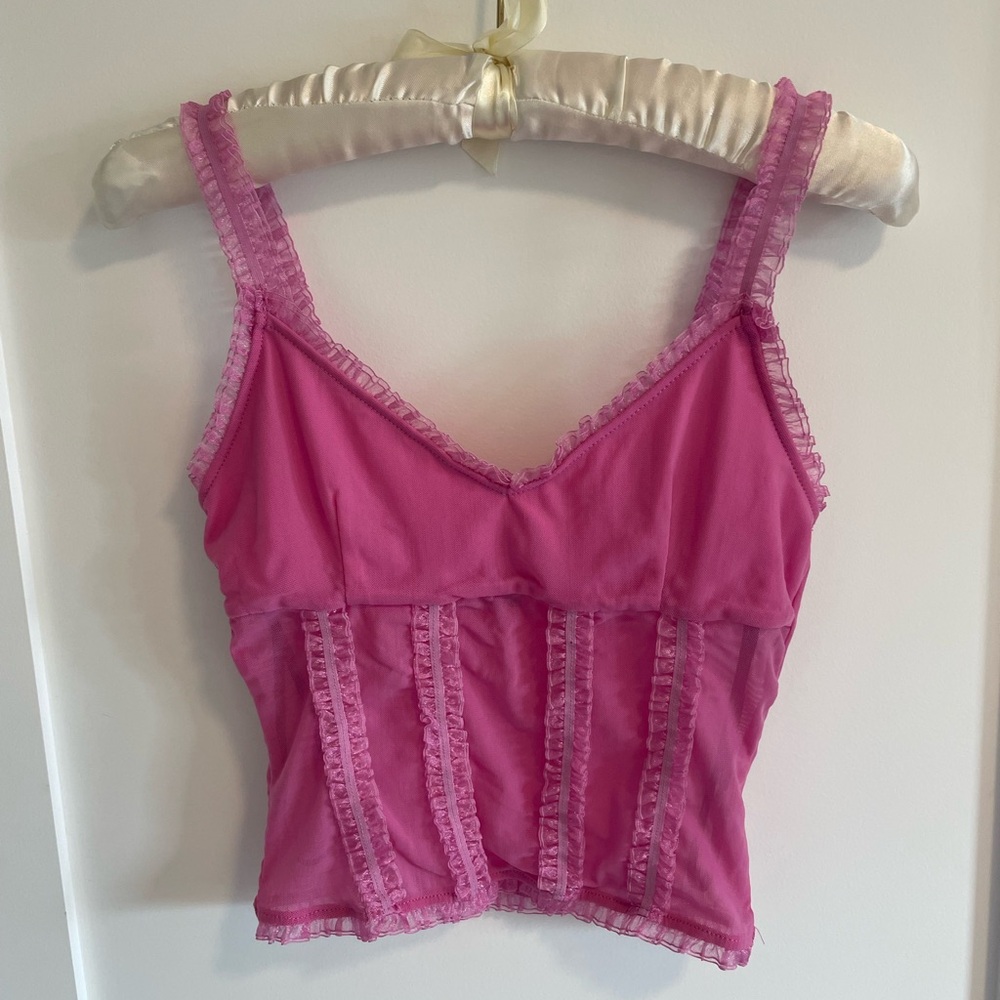 pink forever 21 ruffle mesh trim cropped top